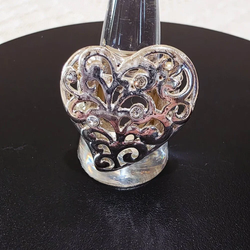Vintage Silver Filigree Rhinestone Accent HEART Adjustable Fashion Ring SZ 9.5+